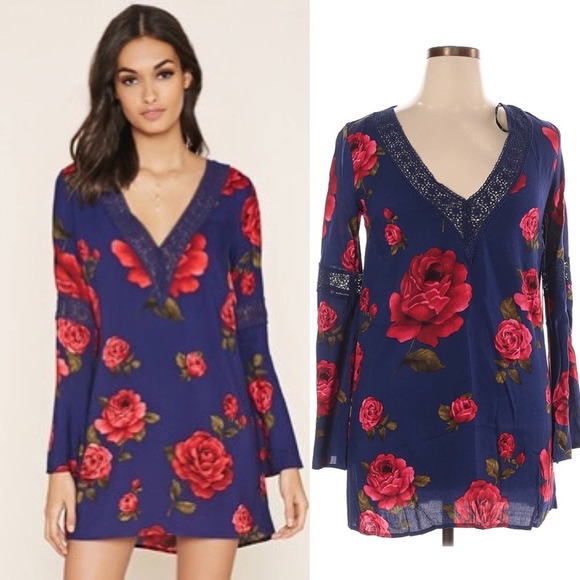 Forever 21 Floral Print Long Sleeve Shift Dress Blue Red with Lace Size Small - Picture 1 of 8